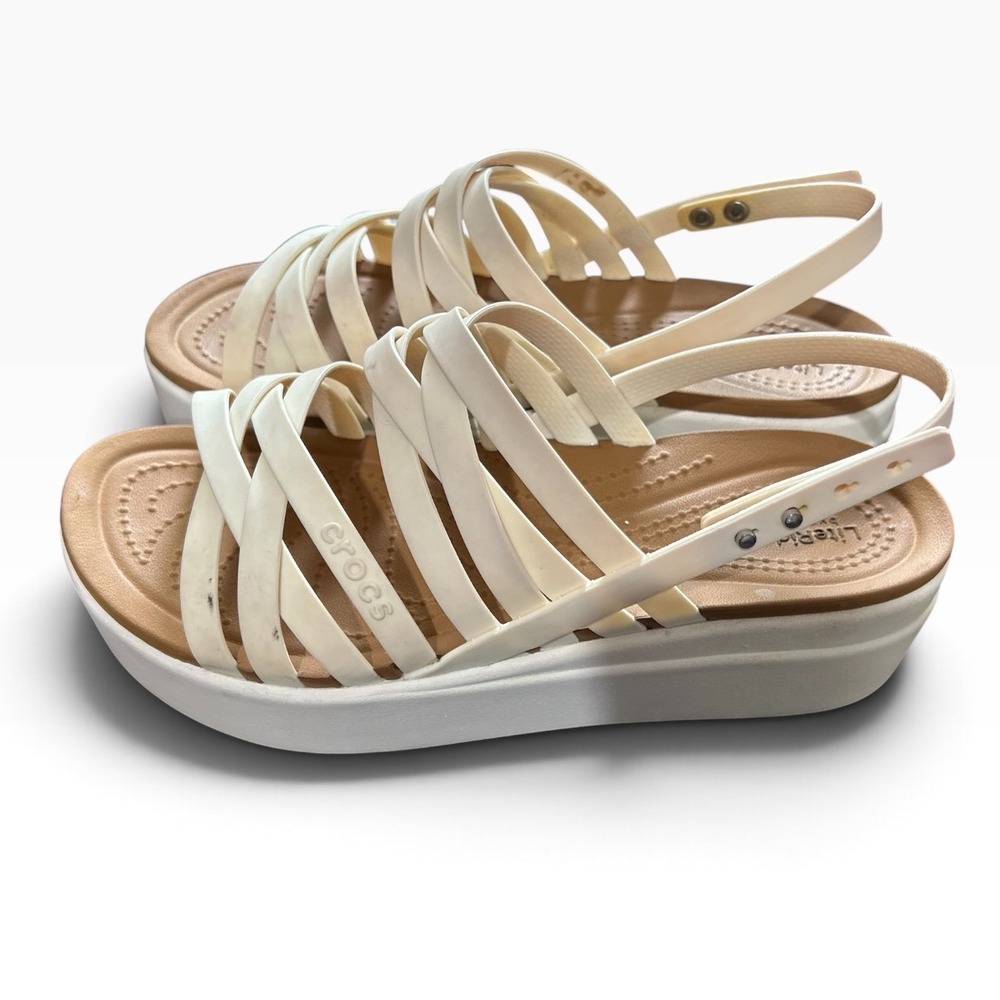 Crocs LiteRide Stretch Sandal Cream Tan Wedge Strappy Slingback Women Size 7